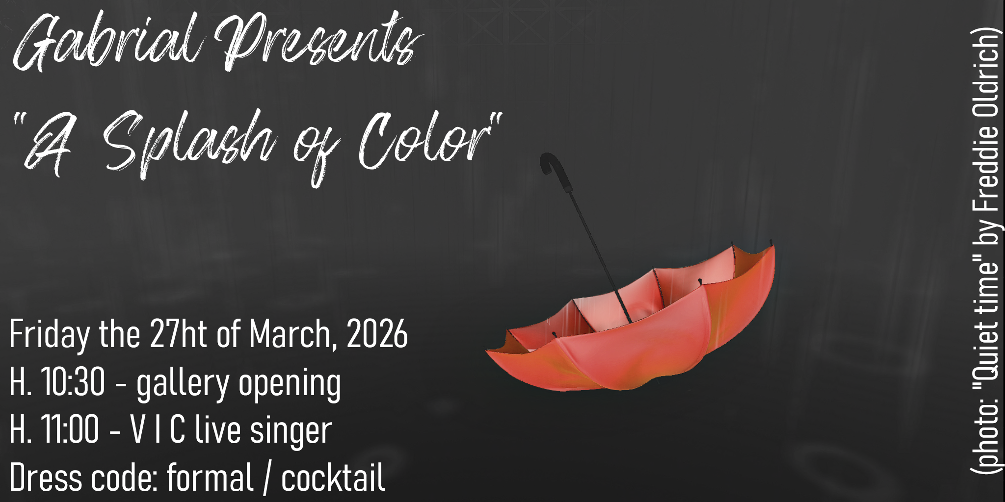TODAY 10,30 AM SLT A Splash of Color Collective Expo Where vibrant colors meet a truly soulful voice—today, Gabrial Presents Gallery becomes a haven for art and music lovers alike. Wander through a handpicked collection from some of the most talented artists around, then let yourself be carried away by the beautiful operatic voice of Vic at 11 AM SLT. 📍http://maps.secondlife.com/secondlife/Sarastro/209/19/3501