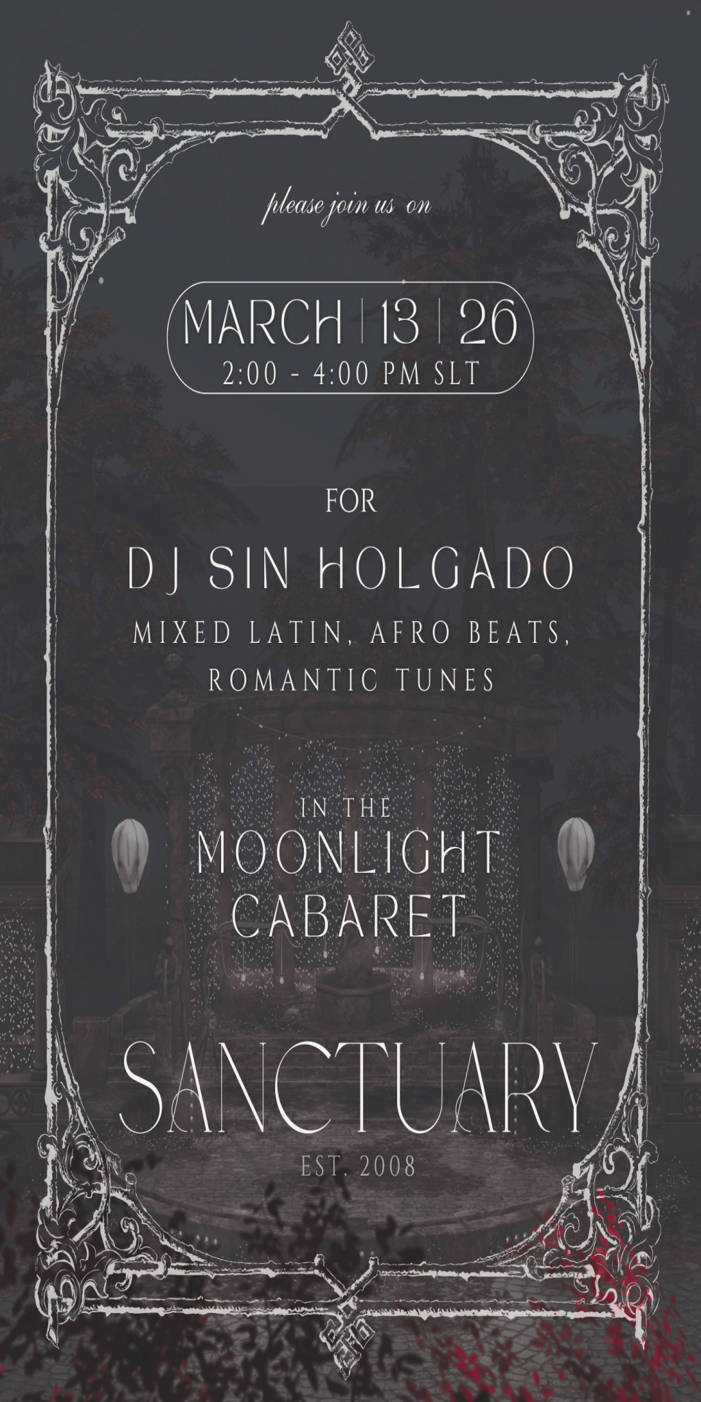 TOMORROW @ 2PM: Global Rhythms at the Moonlight Cabaret! Join us at Sanctuary (EST. 2008) for a sophisticated afternoon of sound. DJ SIN Holgado takes the decks at the Moonlight Cabaret, blending Mixed Latin, Afro beats, and Romantic tunes into one unforgettable experience. Experience the pulse, the passion, and the moonlight. 🥂✨ 📍 Join us at Moonlight Cabaret: : http://maps.secondlife.com/secondlife/Sanctuary/139/204/22