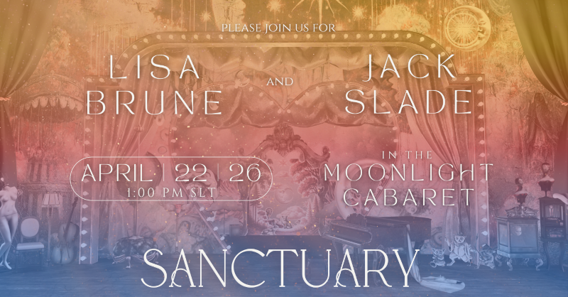 TOMORROW 1 PM SLT - Live Music by Lisa Brune & Jack Slade @Moonlight Cabaret, Sanctuary EST. 2008 Join us for a rare and beautiful afternoon of live music! Lisa Brune and Jack Slade bring their incredible talent and magical ballads to the historic Moonlight Cabaret. Don't miss this soulful performance in the heart of Sanctuary. See you there! ✨🎤 Sanctuary, EST. 2008 Moonlight Cabaret 📍http://maps.secondlife.com/secondlife/Sanctuary/139/204/22